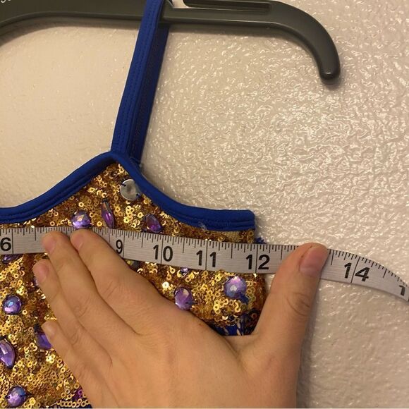 Glamour dance costume solo gold sequin blue feather sassy salsa jazz LC child - Picture 8 of 11